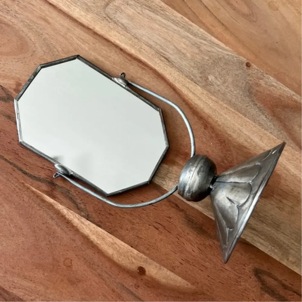 80's  vintage pewter mirror octagonal vanity Spanish Colonial table swivel base